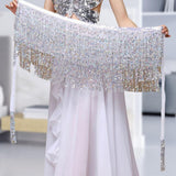 Maxbell Belly Dance Skirt Belt Sequined Tassel Costume for Performance Party Rave White
