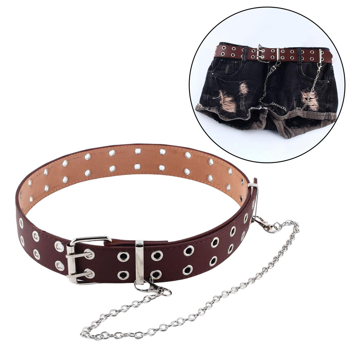 Maxbell Punk Belt Waist Strap Handmade with Chain Biker Fashion PU Leather Brown