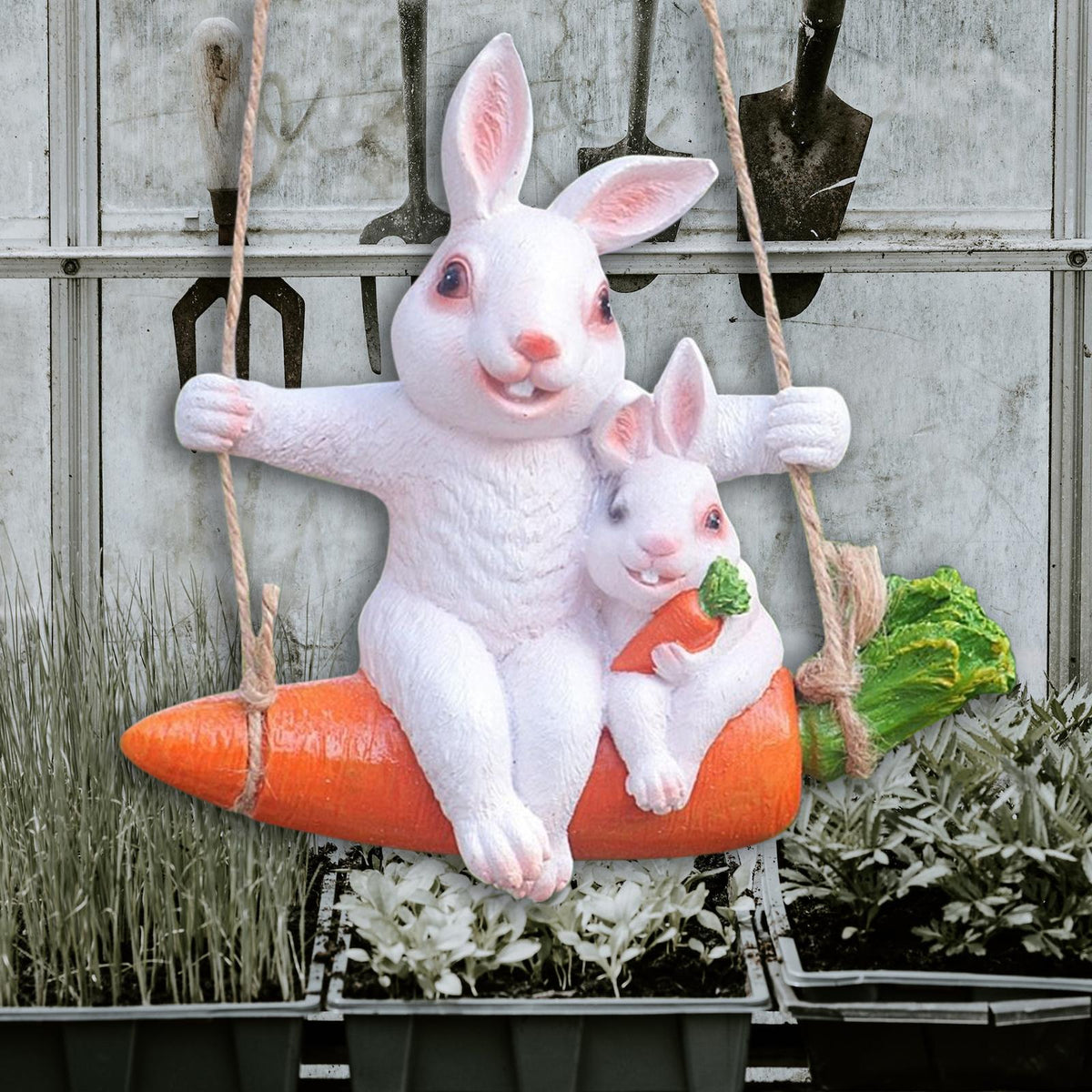Maxbell Hanging Swing Animal Statue Garden Sculpture Decor Hand Painted Accessories Rabbit