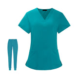 Maxbell Uniform Scrub Set Top and Pants V Neck Unisex Solid for Women Center Blue M
