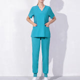 Maxbell Uniform Scrub Set Top and Pants V Neck Unisex Solid for Women Center Blue M