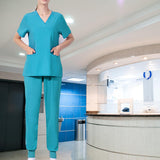 Maxbell Uniform Scrub Set Top and Pants V Neck Unisex Solid for Women Center Blue M