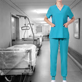 Maxbell Uniform Scrub Set Top and Pants V Neck Unisex Solid for Women Center Blue L