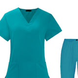 Maxbell Uniform Scrub Set Top and Pants V Neck Unisex Solid for Women Center Blue L