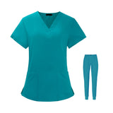 Maxbell Uniform Scrub Set Top and Pants V Neck Unisex Solid for Women Center Blue L
