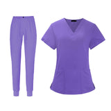 Maxbell Uniform Scrub Set Top and Pants V Neck Unisex Solid for Women Center Purple M