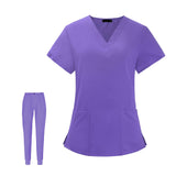 Maxbell Uniform Scrub Set Top and Pants V Neck Unisex Solid for Women Center Purple M