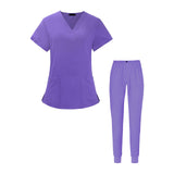 Maxbell Uniform Scrub Set Top and Pants V Neck Unisex Solid for Women Center Purple M
