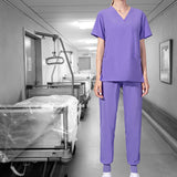 Maxbell Uniform Scrub Set Top and Pants V Neck Unisex Solid for Women Center Purple M