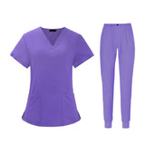 Maxbell Uniform Scrub Set Top and Pants V Neck Unisex Solid for Women Center Purple M