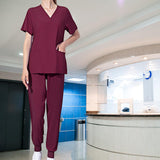 Maxbell Uniform Scrub Set Top and Pants V Neck Unisex Solid for Women Center Red L