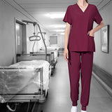 Maxbell Uniform Scrub Set Top and Pants V Neck Unisex Solid for Women Center Red L