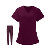 Maxbell Uniform Scrub Set Top and Pants V Neck Unisex Solid for Women Center Red L