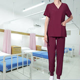 Maxbell Uniform Scrub Set Top and Pants V Neck Unisex Solid for Women Center Red L