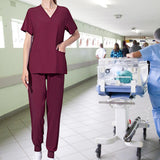 Maxbell Uniform Scrub Set Top and Pants V Neck Unisex Solid for Women Center Red L
