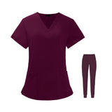 Maxbell Uniform Scrub Set Top and Pants V Neck Unisex Solid for Women Center Red M