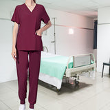 Maxbell Uniform Scrub Set Top and Pants V Neck Unisex Solid for Women Center Red M