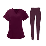 Maxbell Uniform Scrub Set Top and Pants V Neck Unisex Solid for Women Center Red M