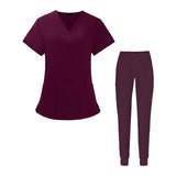 Maxbell Uniform Scrub Set Top and Pants V Neck Unisex Solid for Women Center Red M