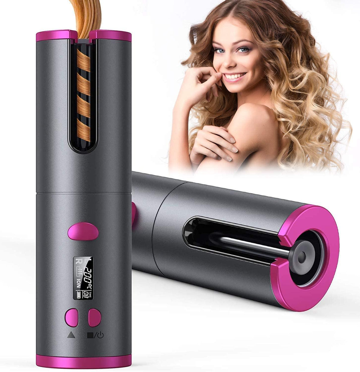 Cordless Hair Curler Automatic Curling Roller Electric Ceramic Portable USB Rechargeable Travel 6 Adjustable Temp Selections Auto Rotating Ceramic Barrel Hair Curler Iron Wand For Hair Styling