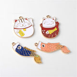 Maxbell 4 Pieces Japanese Style Cyprinoid Fish Flag and Fortune Cat Enamel Charms Pendants Jewelry Findings Making Supplies DIY Crafts