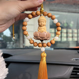 Maxbell Buddha Statue Car Rearview Mirror Pendant Wood Tassel Car Hanging Decoration Yellow