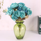 6 Heads Artificial Rose Silk Flower Leaf Bridal Bouquet Wedding Decor- Blue