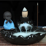 Max Small Monk Figurine Backflow Ceramic Cone Incense Smoke Burner Holder Blue