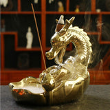 Max Dragon Incense Burners Smoke Backflow Cone Censer Stick Holder Bright Gold