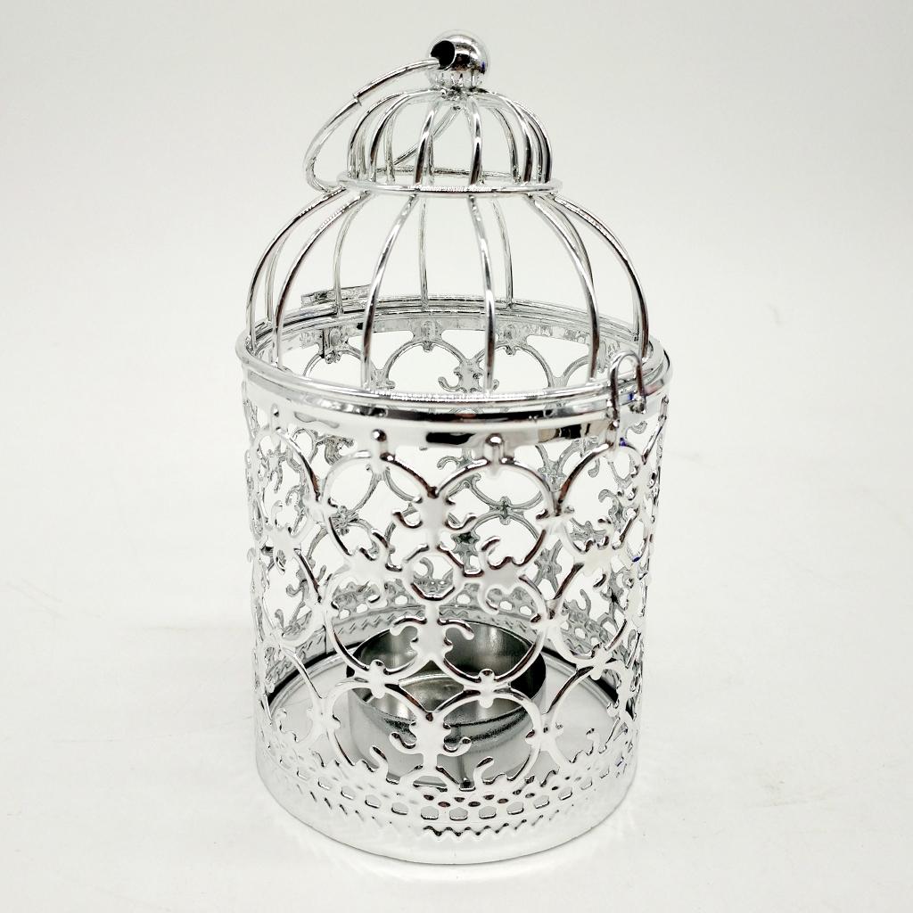 Electroplated Metal Birdcage Shape Tea Light Candle Holder A-Silver