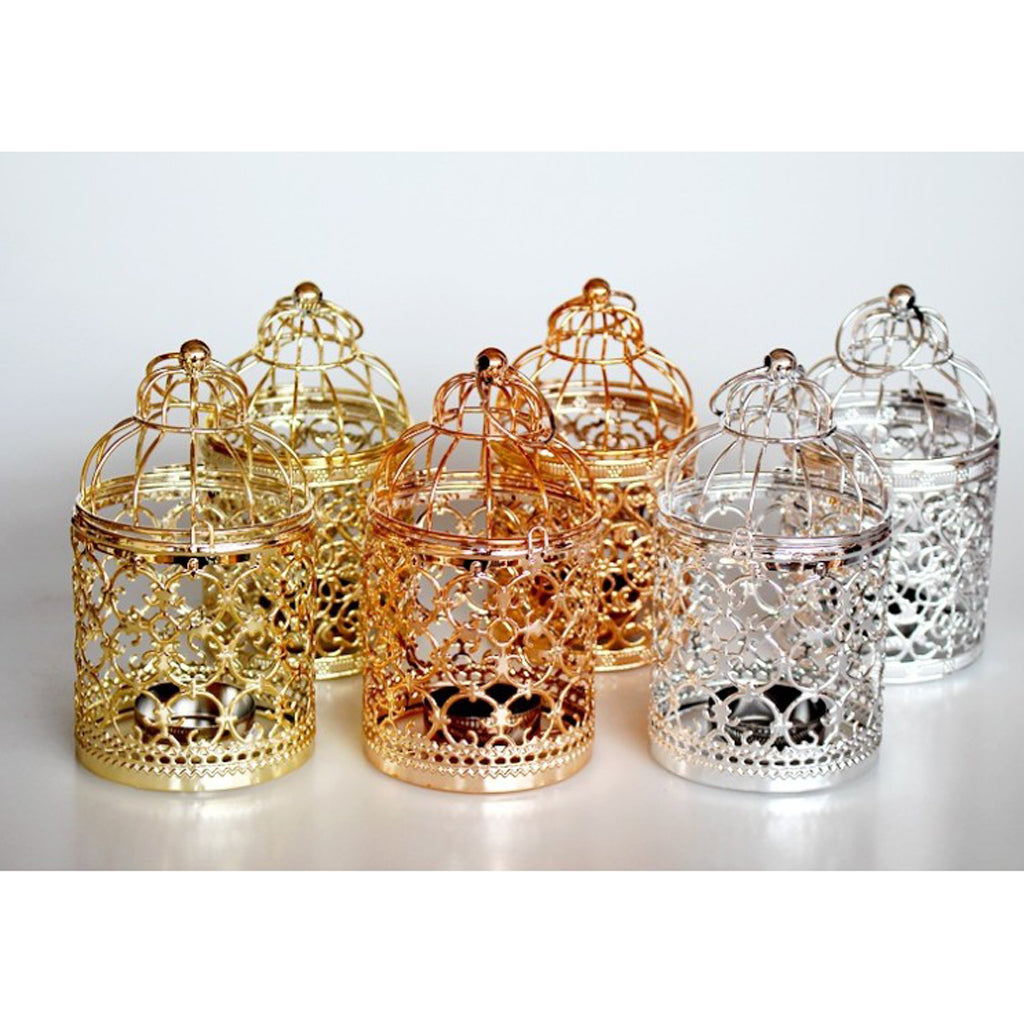 Electroplated Metal Birdcage Shape Tea Light Candle Holder A-Rose Gold