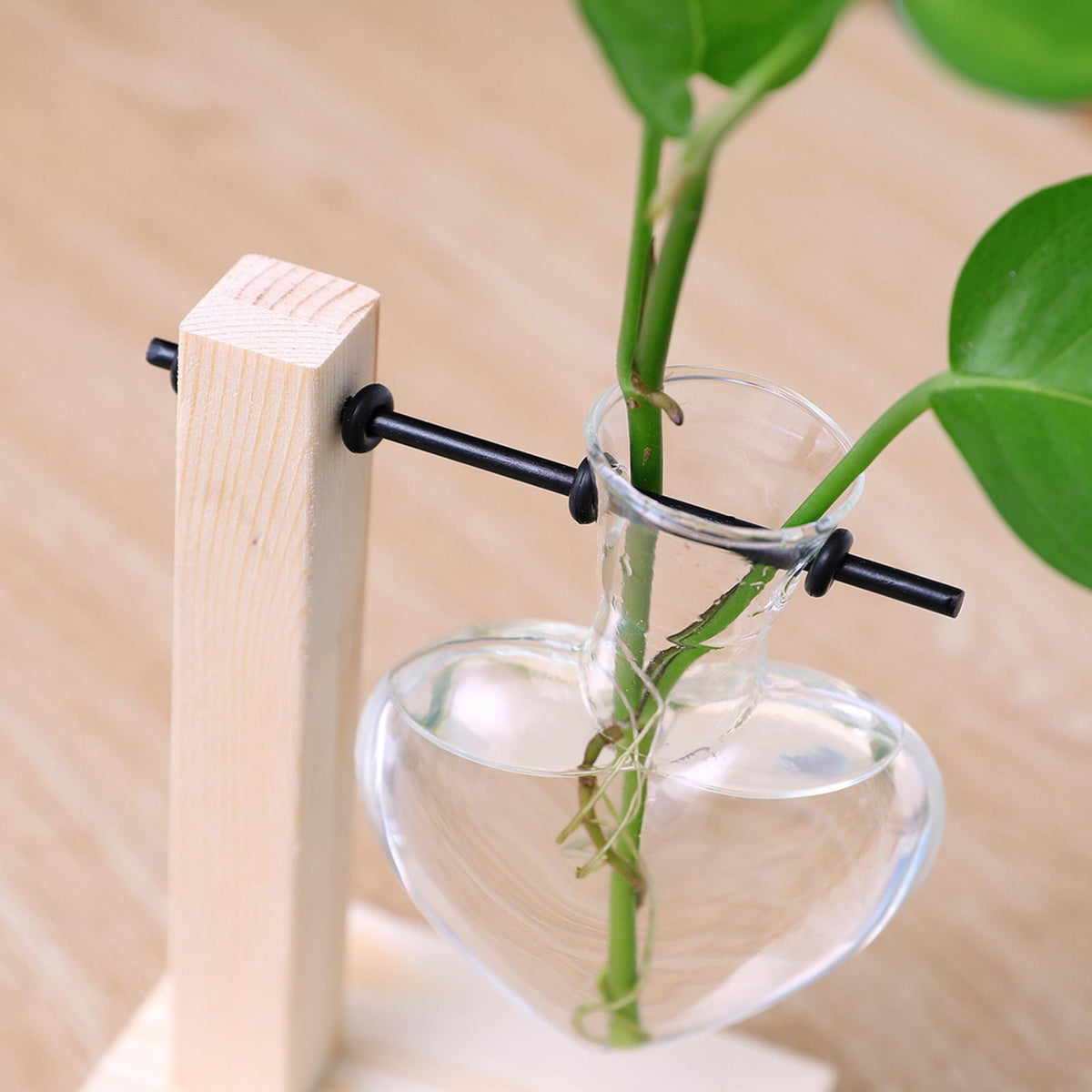 Maxbell  Wooden Frame Clear Glass Vase Heart Shape Hydroponic Plant Vase Flower Pot