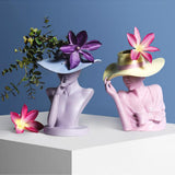 Nordic Stylish Lady Human Head Flower Vase Statues Purple 18x16x23cm