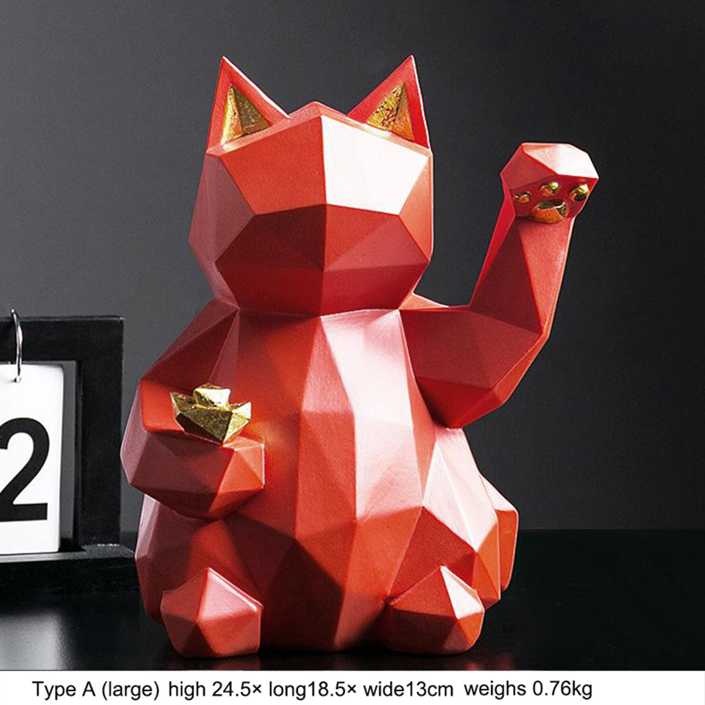 Resin Lucky Cat Figurine Cute Carving Kitten Ornaments Bookcase Decor Red