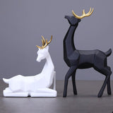 2Pcs Couple Reindeer Figurine Home Office Sculpture Ornament White Black