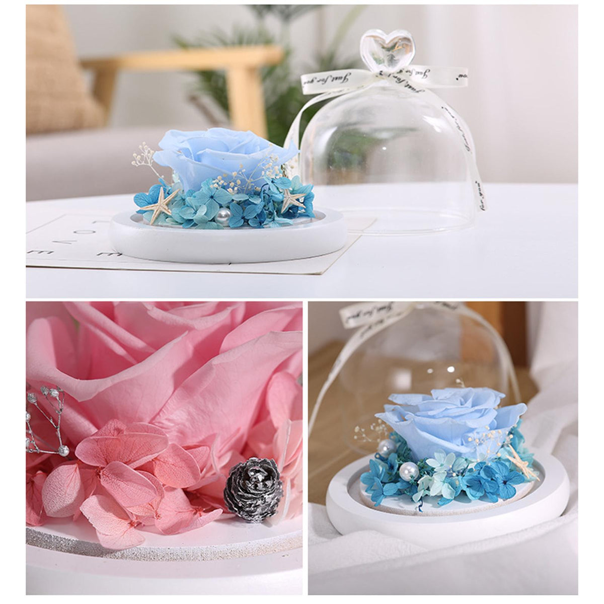 Handmade Romantic Preserved Rose Glass Dome Birthday Gift Present Home Decor blue