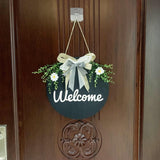 Wooden Flower Welcome Sign Door Wreath Greenery with Bow Home Decor Navy