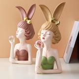 Bunny Girl Statue Resin Character Figurine Sculpture Desk Decoration Green