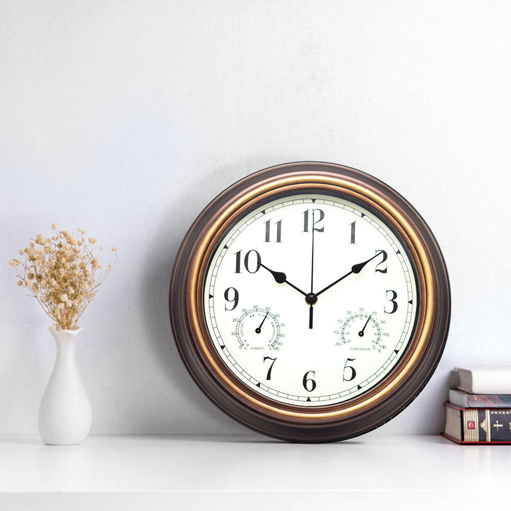 Wall Clock with Temperature and Humidity Home Bedroom Decor Antique Brass