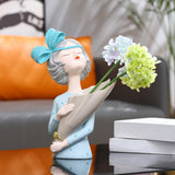 Maxbell  Girls Figurine Dried Flower Vase Bouquet Sculpture Home Ornaments Blue
