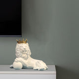 Crown Lion Statue Wild Animal Ornament Resin Home Sculpture Figurine Decors Lying White