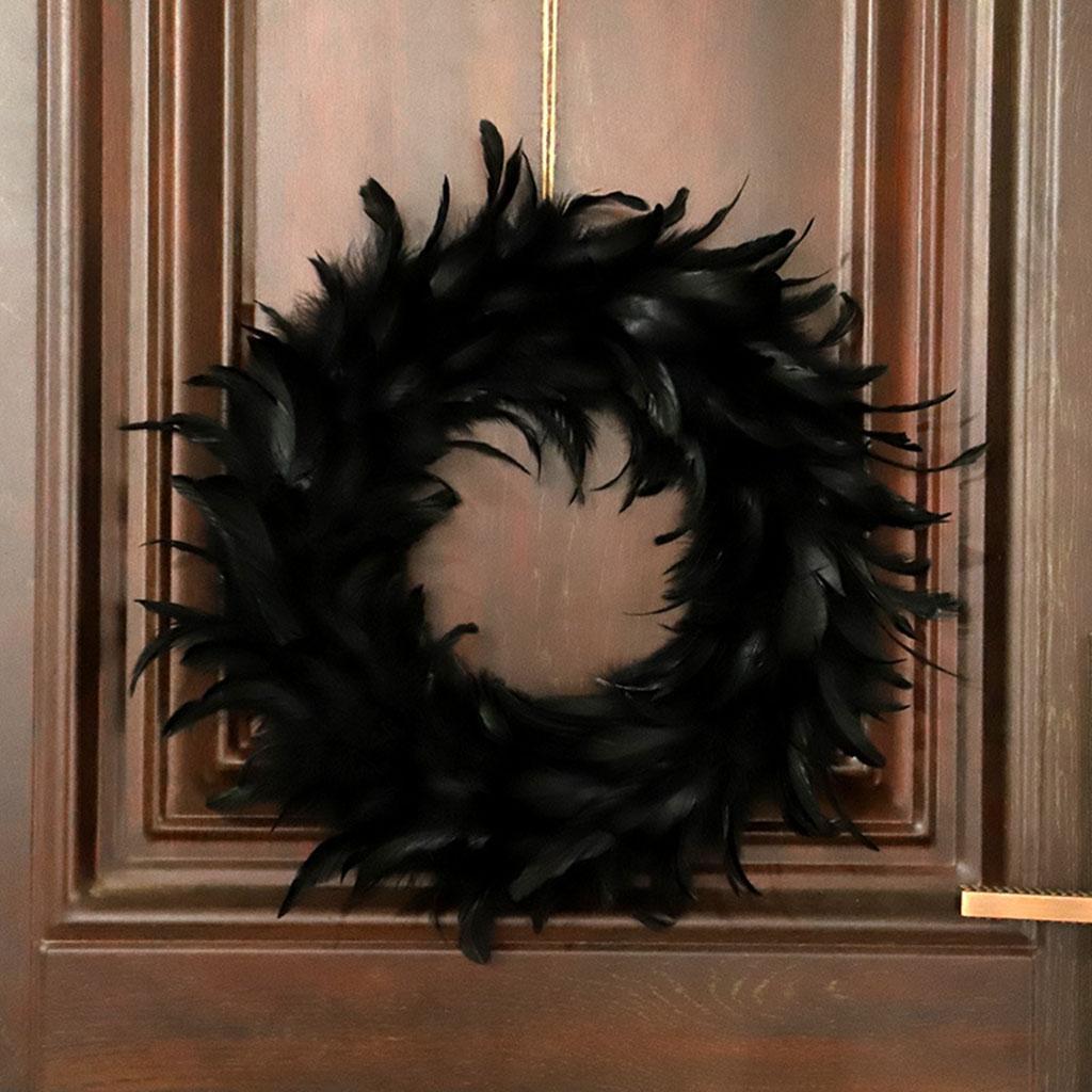 Black Feather Wreath Halloween Cocktail Front Door Hanging Garland Decor