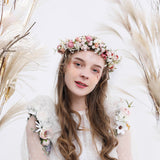 Maxbell Flower Headband Bride Crown Tiaras with Adjustable Ribbon for Wedding Pink