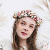 Maxbell Flower Headband Bride Crown Tiaras with Adjustable Ribbon for Wedding Pink