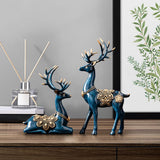Maxbell 2Pcs Lover Deer Figurines Decors Reindeer Sculptures Xmas Elk Statues Blue