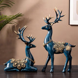 Maxbell 2Pcs Lover Deer Figurines Decors Reindeer Sculptures Xmas Elk Statues Blue