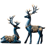 Maxbell 2Pcs Lover Deer Figurines Decors Reindeer Sculptures Xmas Elk Statues Blue