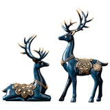 Maxbell 2Pcs Lover Deer Figurines Decors Reindeer Sculptures Xmas Elk Statues Blue