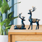Maxbell 2Pcs Lover Deer Figurines Decors Reindeer Sculptures Xmas Elk Statues Blue