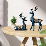 Maxbell 2Pcs Lover Deer Figurines Decors Reindeer Sculptures Xmas Elk Statues Blue